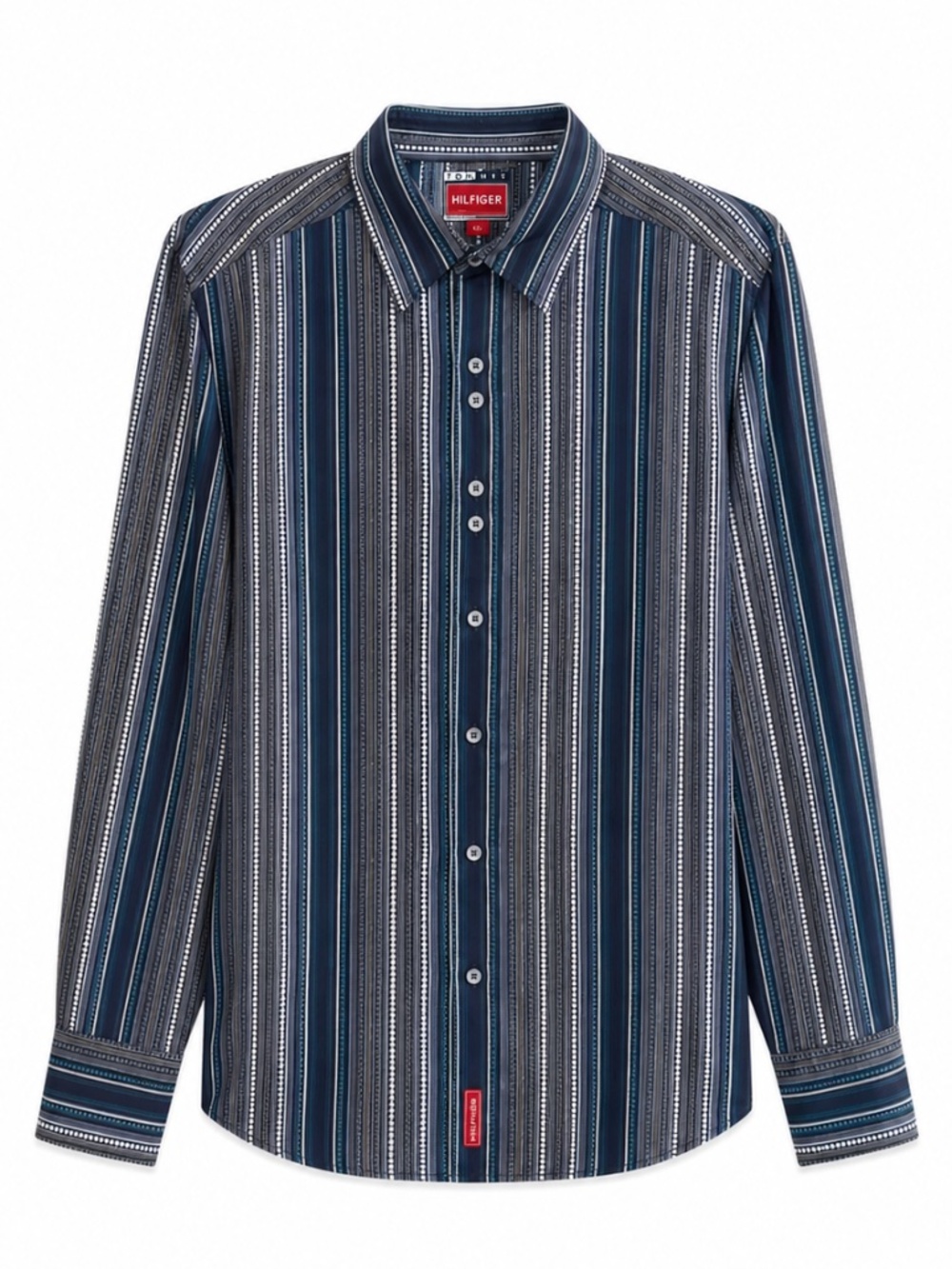 Vintage 90s Tommy Hilfiger Navy & White Geo Stripe Dress Shirt – Size Small EUC